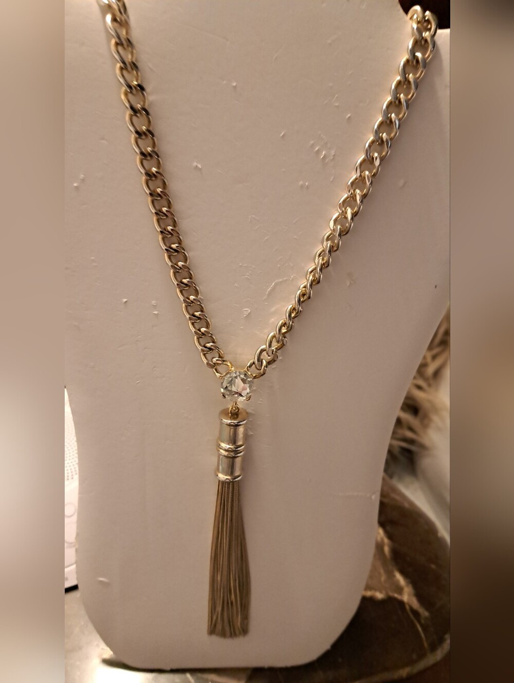 Gold Tone Tassel Pendant Necklace with Clear Crystal Accent